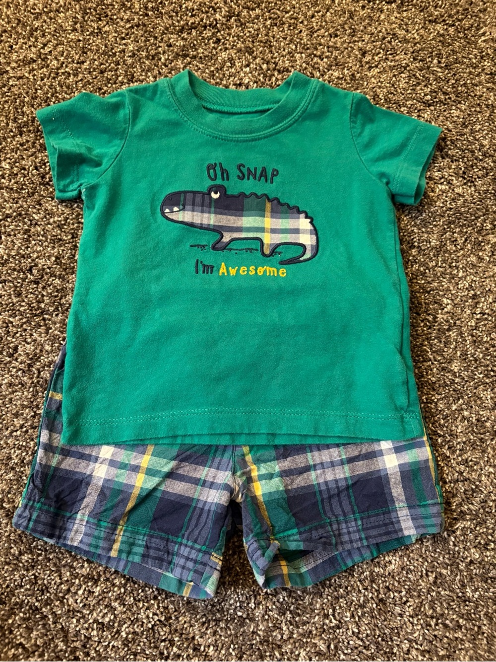 Carter's Green Crocodile 'Oh Snap I'm Awesome' Tee with Plaid Navy Shorts